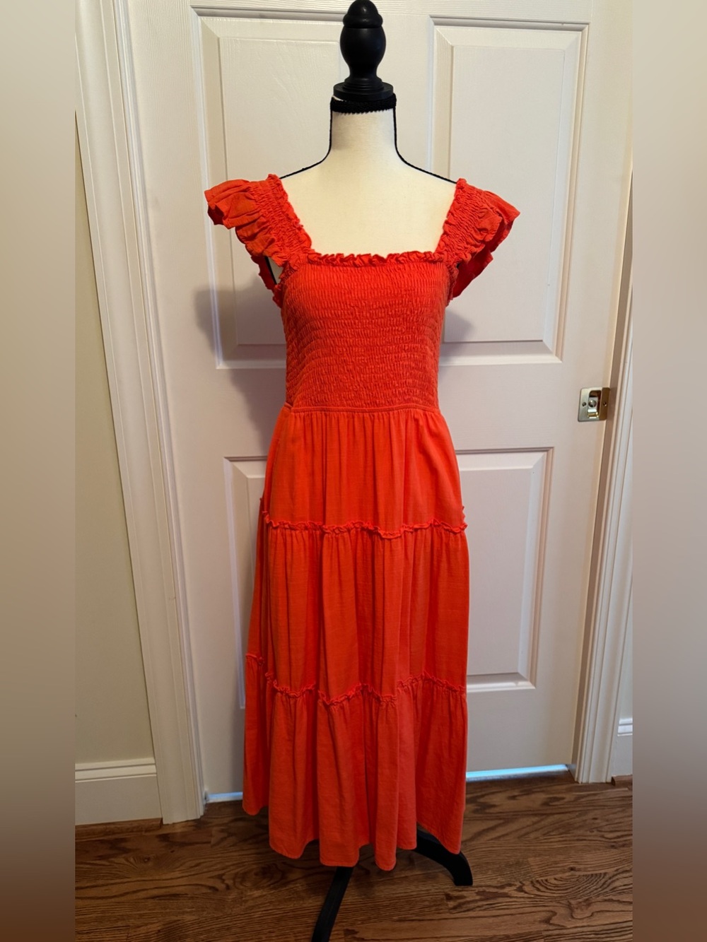 Pinch Orange Ruffled-Sleeve Smocked Midi Dress Size Large with pockets EUC